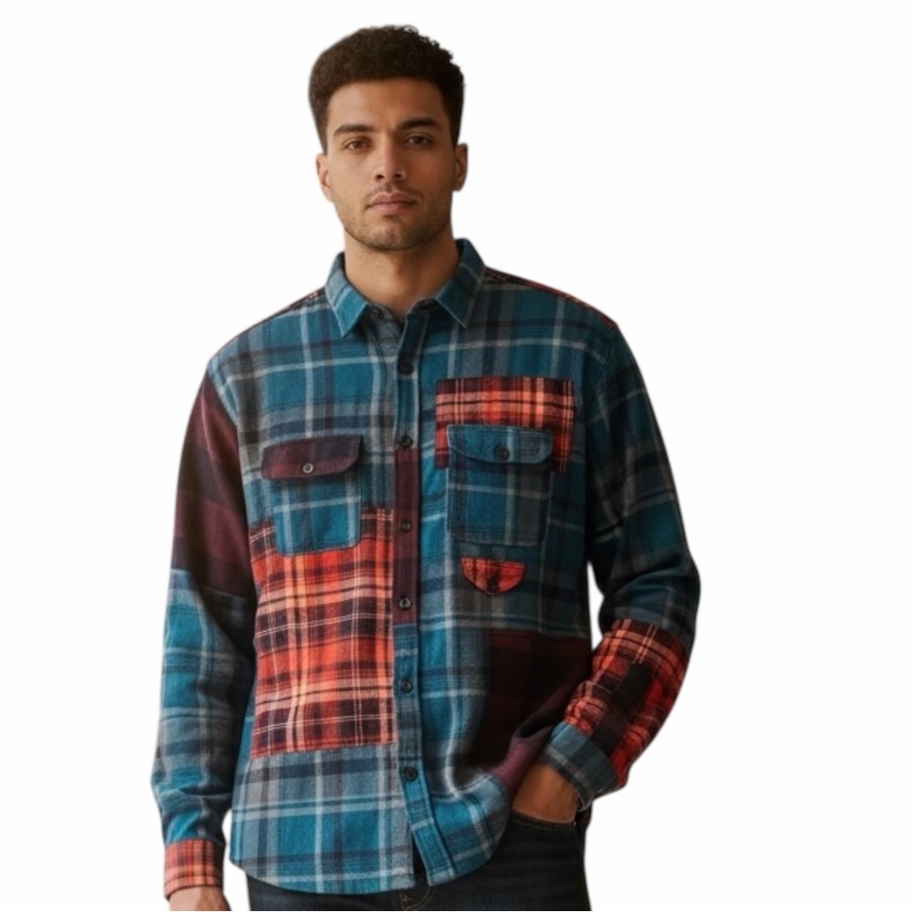 10.Deep Tenth Division Patchwork Flannel Shirt - Mixed Plaid Streetwear Men's XL